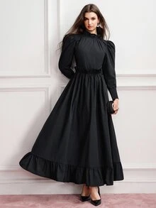 BELROSIE Gaun Wanita Model Fit Flare Maxi Ruffle Kerah Tegak Lengan Panjang Model Puff Kaki Model Mutton dengan Hem Bergelombang Gaya Vintage Elegan Gothic Hitam Polos untuk Acara Makan Malam Musim Gugur Halloween - Hitam - View 7