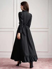 BELROSIE Gaun Wanita Model Fit Flare Maxi Ruffle Kerah Tegak Lengan Panjang Model Puff Kaki Model Mutton dengan Hem Bergelombang Gaya Vintage Elegan Gothic Hitam Polos untuk Acara Makan Malam Musim Gugur Halloween - Hitam - View 3