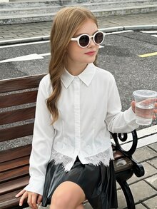 SHEIN Tween女孩優雅蕾絲裝飾開學季百搭白色襯衫，適合休閒場合，畢業典禮與日常穿著皆宜 - 白色 - 查看 10