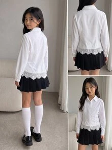 SHEIN Tween女孩優雅蕾絲裝飾開學季百搭白色襯衫，適合休閒場合，畢業典禮與日常穿著皆宜 - 白色 - 查看 8