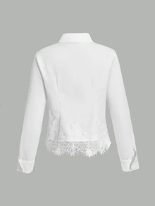 SHEIN Tween女孩優雅蕾絲裝飾開學季百搭白色襯衫，適合休閒場合，畢業典禮與日常穿著皆宜 - 白色 - 查看 3