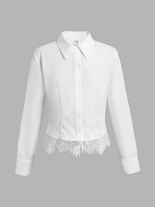 SHEIN Tween女孩優雅蕾絲裝飾開學季百搭白色襯衫，適合休閒場合，畢業典禮與日常穿著皆宜 - 白色 - 查看 2