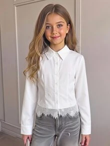 SHEIN Tween女孩優雅蕾絲裝飾開學季百搭白色襯衫，適合休閒場合，畢業典禮與日常穿著皆宜 - 白色 - 查看 9