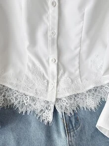 SHEIN Tween女孩優雅蕾絲裝飾開學季百搭白色襯衫，適合休閒場合，畢業典禮與日常穿著皆宜 - 白色 - 查看 5