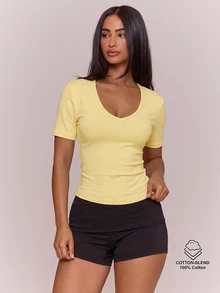 MUSERA ESSENTIALS Kaos Lengan Pendek Model V-Neck Bahan Campuran Katun, Model Lucu, Sederhana, Elegan, Cocok untuk Sehari-hari, Musim Semi, Musim Panas, dan Liburan. - Kuning - View 1