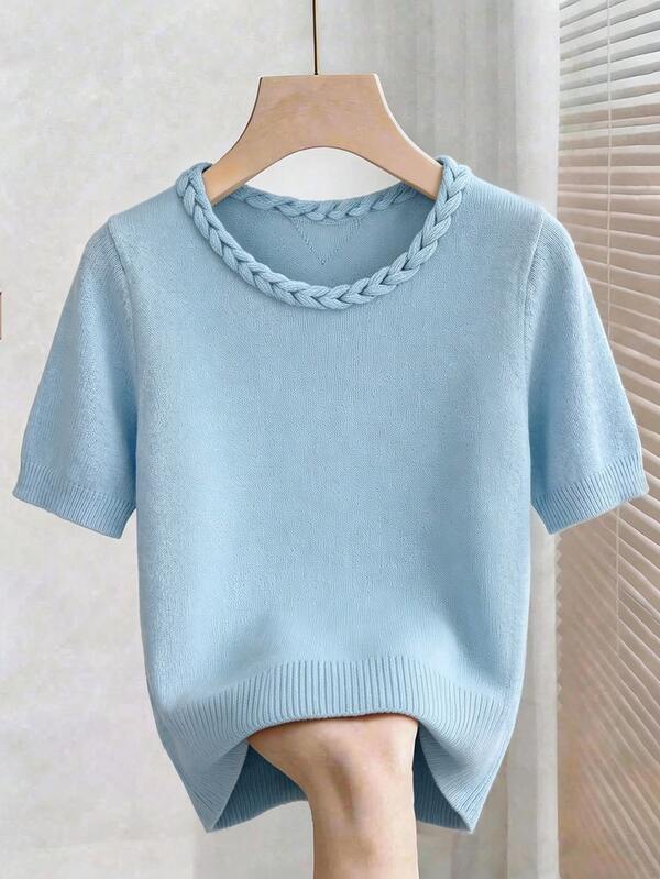 GlowEve Women's Vacation Fashion Textured Round Neck Short Sleeve Knit Top Office Light Blue Summer Casual