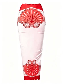 Swim Oasis Women's Summer Beach Vacation Hollow-Out Starfish Decor Ruched One-Piece Swimsuit With Tie-Up Maxi Skirt - Red - View 6