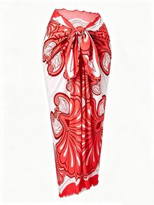Swim Oasis Women's Summer Beach Vacation Hollow-Out Starfish Decor Ruched One-Piece Swimsuit With Tie-Up Maxi Skirt - Red - View 5