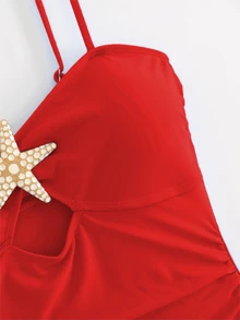 Swim Oasis Women's Summer Beach Vacation Hollow-Out Starfish Decor Ruched One-Piece Swimsuit With Tie-Up Maxi Skirt - Red - View 7
