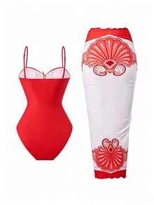 Swim Oasis Women's Summer Beach Vacation Hollow-Out Starfish Decor Ruched One-Piece Swimsuit With Tie-Up Maxi Skirt - Red - View 3