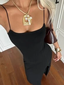 SHEIN EZwear 女款黑色開衩下擺長洋裝 - 黑色 - 查看 3