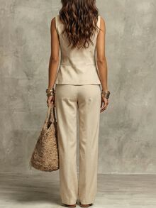 SHEIN Women's Solid Color Stand Collar Top And Long Pants Suit Set - Khaki - View 2
