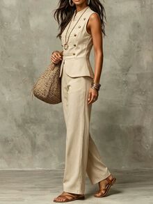 SHEIN Women's Solid Color Stand Collar Top And Long Pants Suit Set - Khaki - View 3
