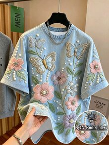 Resyla 女士3D蝴蝶花卉印花休闲宽松圆领短袖T恤 - 淺藍色 - 查看 1