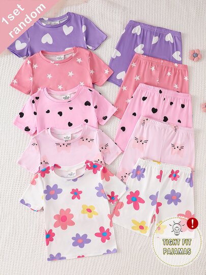 (5 Sets Randomly Sent 1 Set) Girls Toddler Knit Round Neck Pink Purple Light Pink White Cartoon Pattern Heart Star Flower Cat Print Comfortable Casual Simple Fitted Loungewear Summer