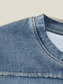 Resyla Casual Round Neck Denim Effect Short Sleeve T-Shirt, Versatile For Daily Wear, Summer - Multicolor - View 3