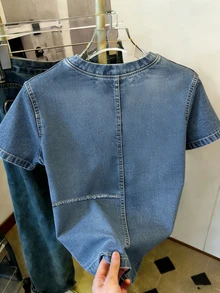 Resyla Casual Round Neck Denim Effect Short Sleeve T-Shirt, Versatile For Daily Wear, Summer - Multicolor - View 2