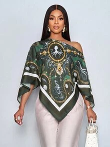 SOLERSUN 女款夏季優雅派對不對稱領長袖不對稱下擺襯衫，復古海洋元素印花蝙蝠袖上衣 - 綠色 - 查看 3