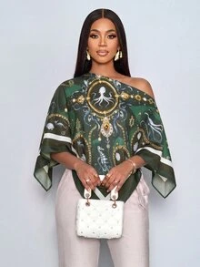 SOLERSUN 女款夏季優雅派對不對稱領長袖不對稱下擺襯衫，復古海洋元素印花蝙蝠袖上衣 - 綠色 - 查看 5