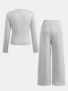 Tween Girl Tween Girl Tween Girls Tween Girl Grey Knit T-Shirt + Loose Pants Set, Casual Daily Versatile Back To School Sports Style Outfit - Grey - View 2