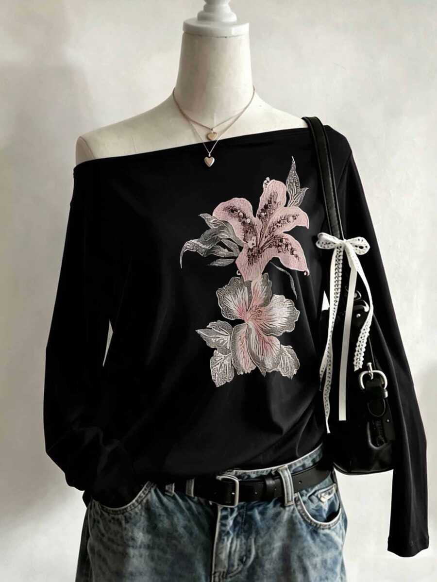 Lalippa Y2K Women's Faux Floral Print Comfortable Color Pattern Asymmetric Neck Casual Long Sleeve T-Shirt, Suitable For Spring/Summer Daily Wear And Gatherings - Black - View 1