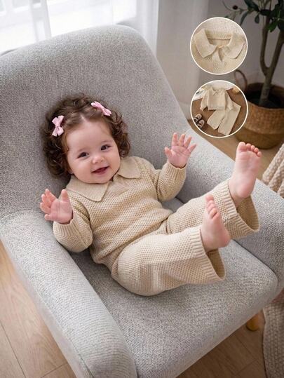 SHEIN Baby Girl Autumn/Winter Fashion Casual Cute Pattern Jacquard Knit Sweater Long Sleeve Top & Long Pants Set