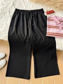 Comfortcana Plus Letter Graphic Drawstring Waist Pants - Black - View 4