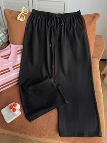 Comfortcana Plus Letter Graphic Drawstring Waist Pants - Black - View 5