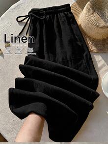 Comfortcana Plus Letter Graphic Drawstring Waist Pants - Black - View 1