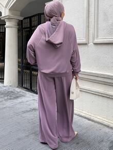 DAZY Setelan 2 Potong Musim Gugur/Dingin: Sweatshirt Kasual Longgar Lengan Panjang dengan Leher V dan Bahu Jatuh & Celana Panjang Lebar untuk Wanita - Purple - View 2