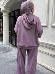 DAZY Setelan 2 Potong Musim Gugur/Dingin: Sweatshirt Kasual Longgar Lengan Panjang dengan Leher V dan Bahu Jatuh & Celana Panjang Lebar untuk Wanita - Purple - View 8