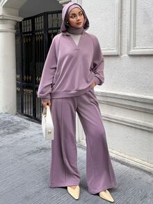 DAZY Setelan 2 Potong Musim Gugur/Dingin: Sweatshirt Kasual Longgar Lengan Panjang dengan Leher V dan Bahu Jatuh & Celana Panjang Lebar untuk Wanita - Purple - View 7