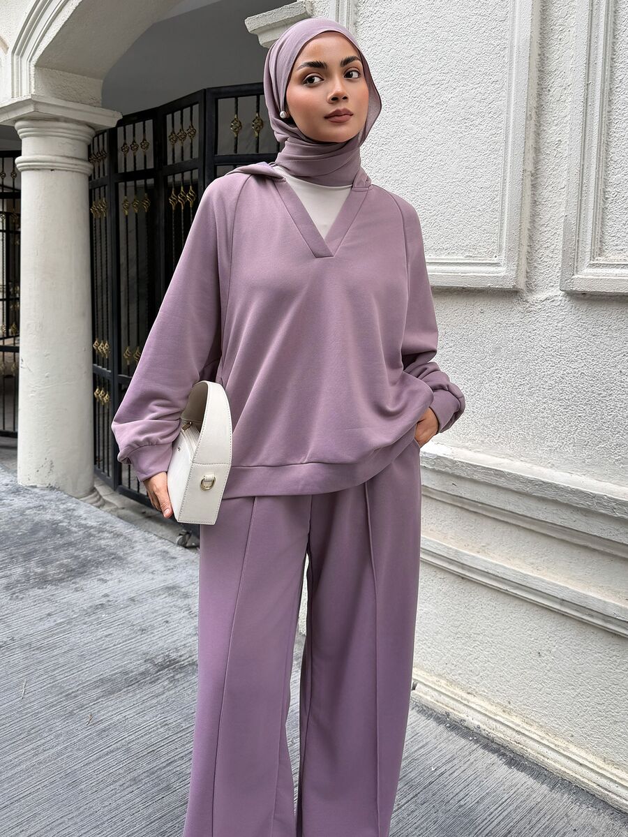 DAZY Setelan 2 Potong Musim Gugur/Dingin: Sweatshirt Kasual Longgar Lengan Panjang dengan Leher V dan Bahu Jatuh & Celana Panjang Lebar untuk Wanita - Purple - View 1