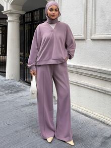 DAZY Setelan 2 Potong Musim Gugur/Dingin: Sweatshirt Kasual Longgar Lengan Panjang dengan Leher V dan Bahu Jatuh & Celana Panjang Lebar untuk Wanita - Purple - View 4