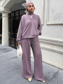 DAZY Setelan 2 Potong Musim Gugur/Dingin: Sweatshirt Kasual Longgar Lengan Panjang dengan Leher V dan Bahu Jatuh & Celana Panjang Lebar untuk Wanita - Purple - View 5