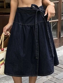 Livesso Women's Pleated Casual Versatile Daily Wear Denim Skirt - Blue - View 5