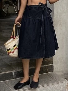 Livesso Women's Pleated Casual Versatile Daily Wear Denim Skirt - Blue - View 3