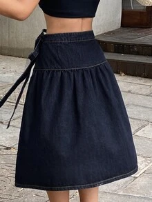 Livesso Women's Pleated Casual Versatile Daily Wear Denim Skirt - Blue - View 2