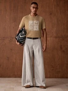 HIMLAND 男士椰子樹圖案休閒百搭日常穿著短袖T恤 - 卡其色 - 查看 5