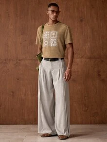 HIMLAND 男士椰子樹圖案休閒百搭日常穿著短袖T恤 - 卡其色 - 查看 3