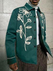 AKNOTIC 男士冬季休閒花卉刺繡夾克 - 墨綠色 - 查看 6