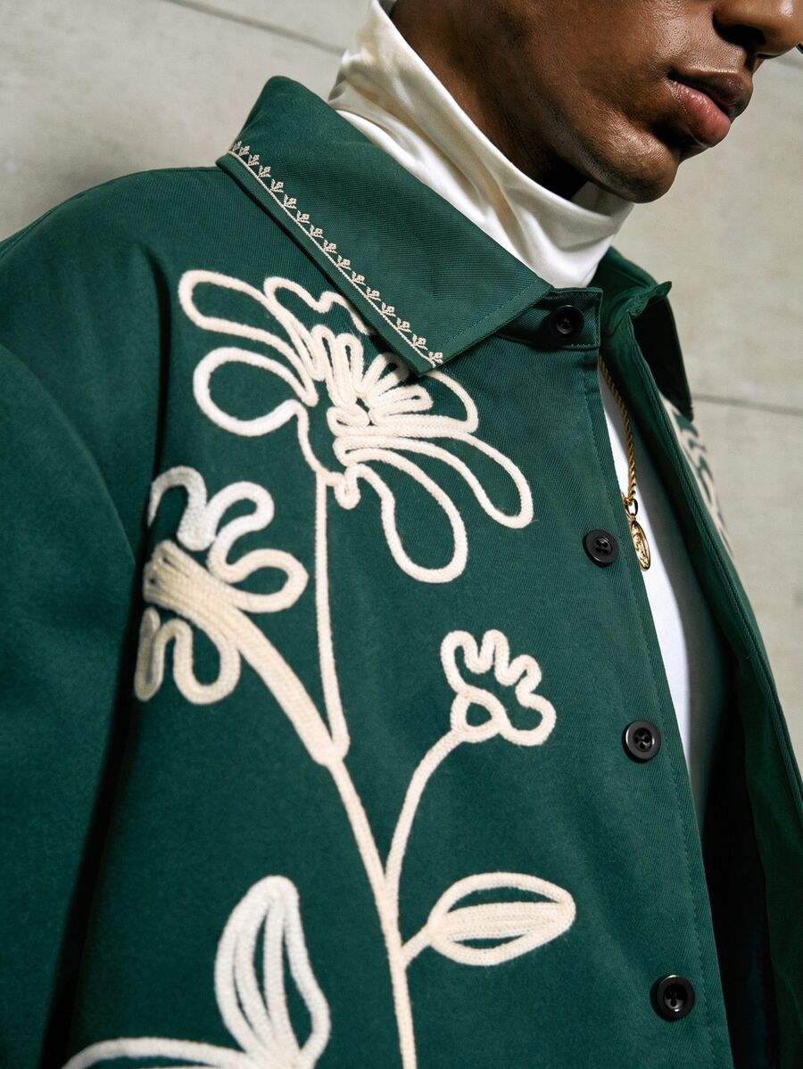 AKNOTIC 男士冬季休閒花卉刺繡夾克 - 墨綠色 - 查看 1