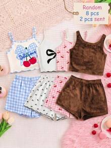 SHEIN Tween Girl 隨意居家服雙層抓絨背心與短褲套裝，2件套，粉紅色，秋冬穿搭，隨機2件 - 藕粉色 - 查看 7