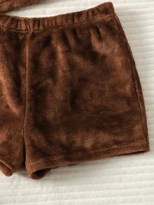 SHEIN Tween Girl 隨意居家服雙層抓絨背心與短褲套裝，2件套，粉紅色，秋冬穿搭，隨機2件 - 藕粉色 - 查看 4