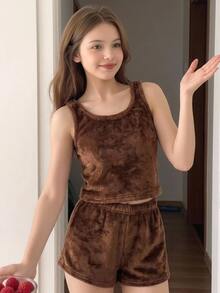 SHEIN Tween Girl 隨意居家服雙層抓絨背心與短褲套裝，2件套，粉紅色，秋冬穿搭，隨機2件 - 藕粉色 - 查看 9