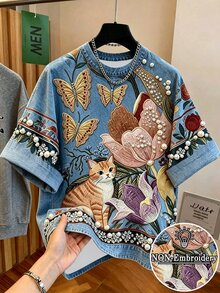 Resyla 女士圆领休闲日常T恤，饰有刺绣蝴蝶和猫咪图案以及仿珍珠装饰 - 霧霾藍 - 查看 1