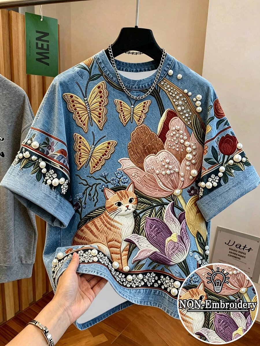 Resyla 女士圆领休闲日常T恤，饰有刺绣蝴蝶和猫咪图案以及仿珍珠装饰 - 霧霾藍 - 查看 1
