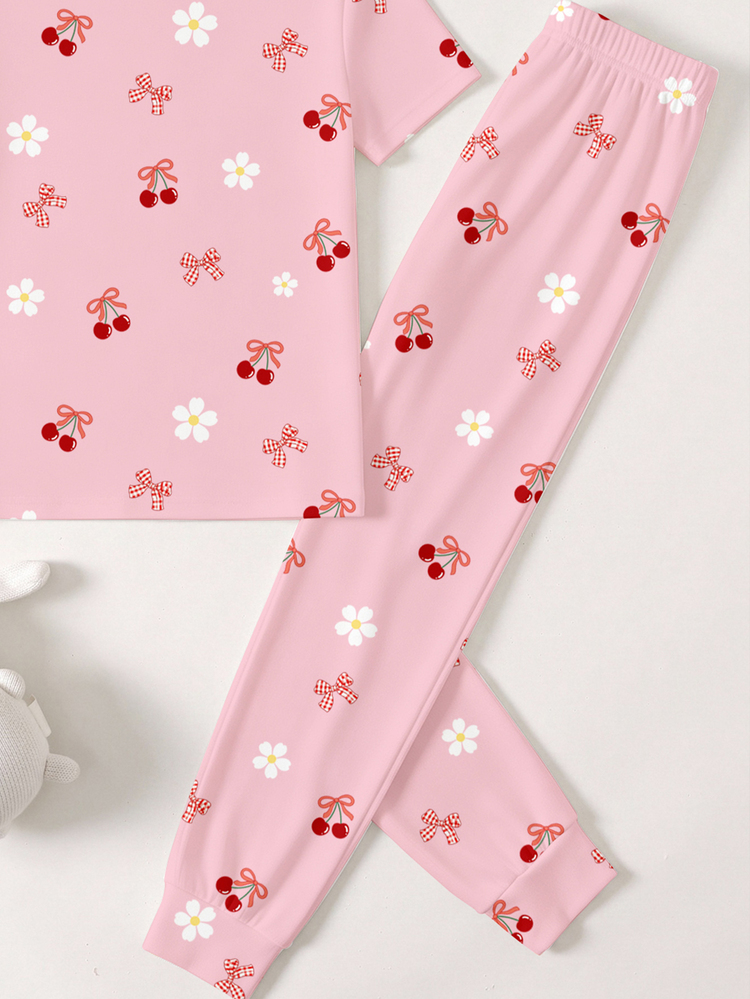 Tween Girl Casual Minimalist Cute Sweet Polka Dot Cherry Bow Strawberry Print, Cream Style, Short Sleeve Long Pants Loungewear Suitable For Spring & Summer, Snug Fit, Kawaii, Cozy Fall & Winter Styles, Cozy, Squishy - Multicolor - View 6