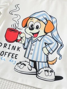 SHEIN 兒童小男孩卡通塗鴉酷圖案圓領長袖上衣與藍白條紋長褲睡衣套裝，柔軟舒適休閒居家睡衣2件套，適合四季穿著 - 彩色 - 查看 5
