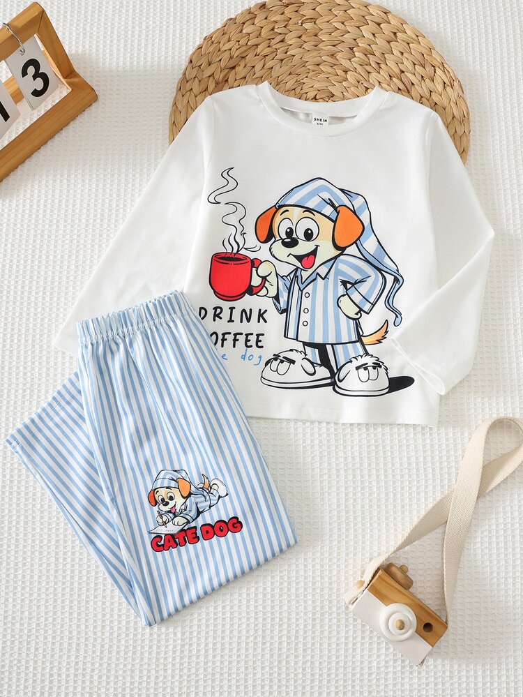 SHEIN Kids Young Boy Cartoon Graffiti Cool Pattern Pullover Crew Neck Long Sleeve T-Shirt And Blue & White Striped Long Pants Pajama Set, Soft Comfortable Casual Home Sleepwear 2-Piece Set Suitable For All Seasons - Multicolor - View 1